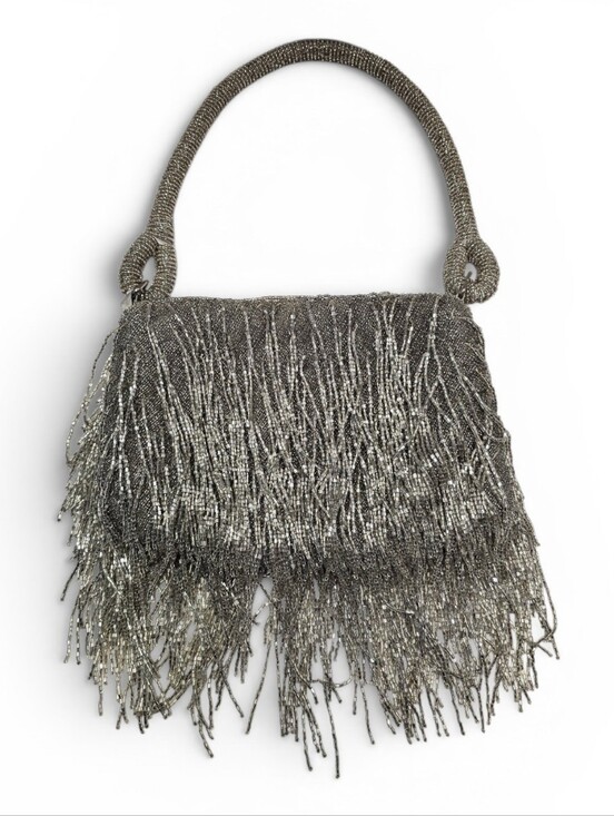 Handbags - Silver Beaded Fringe Shag Evening Bag